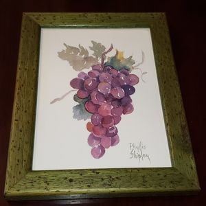 Framed Phyllis Shipley Grapes Print Kitchen Art in Green Frame 9.5" x 7.5"